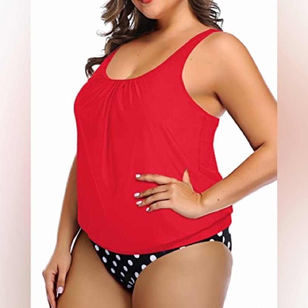NWT- YONIQUE Tummy Control Bathing Suit Blouson Tankini Swimsuit-Red Dot - Picture 3 of 15
